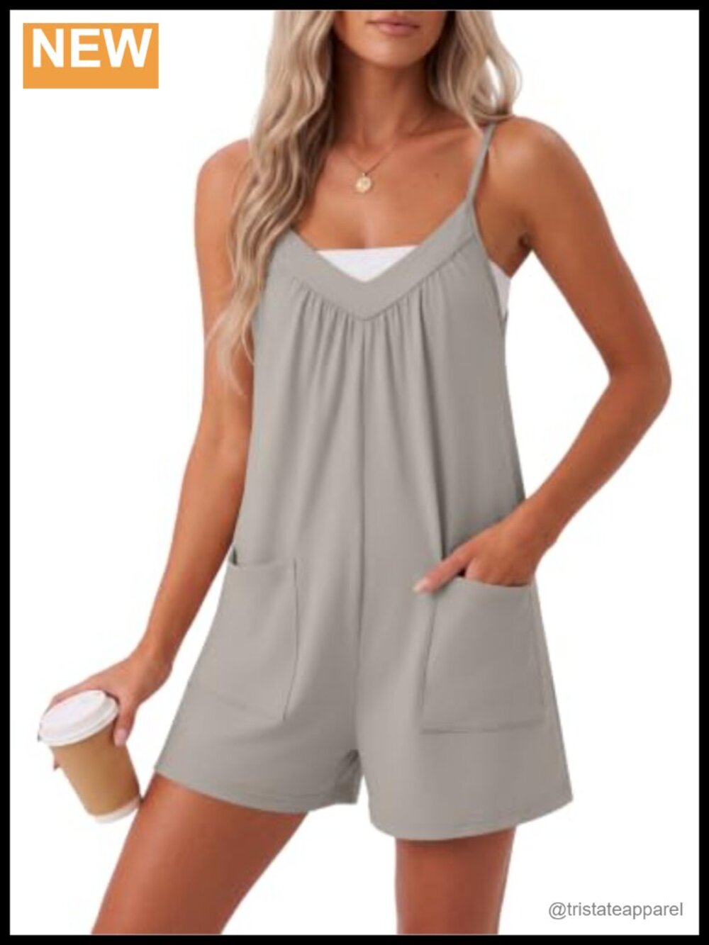 Women's Casual Sleeveless Romper with Pockets Adjustable Spaghetti Strap V-Neck